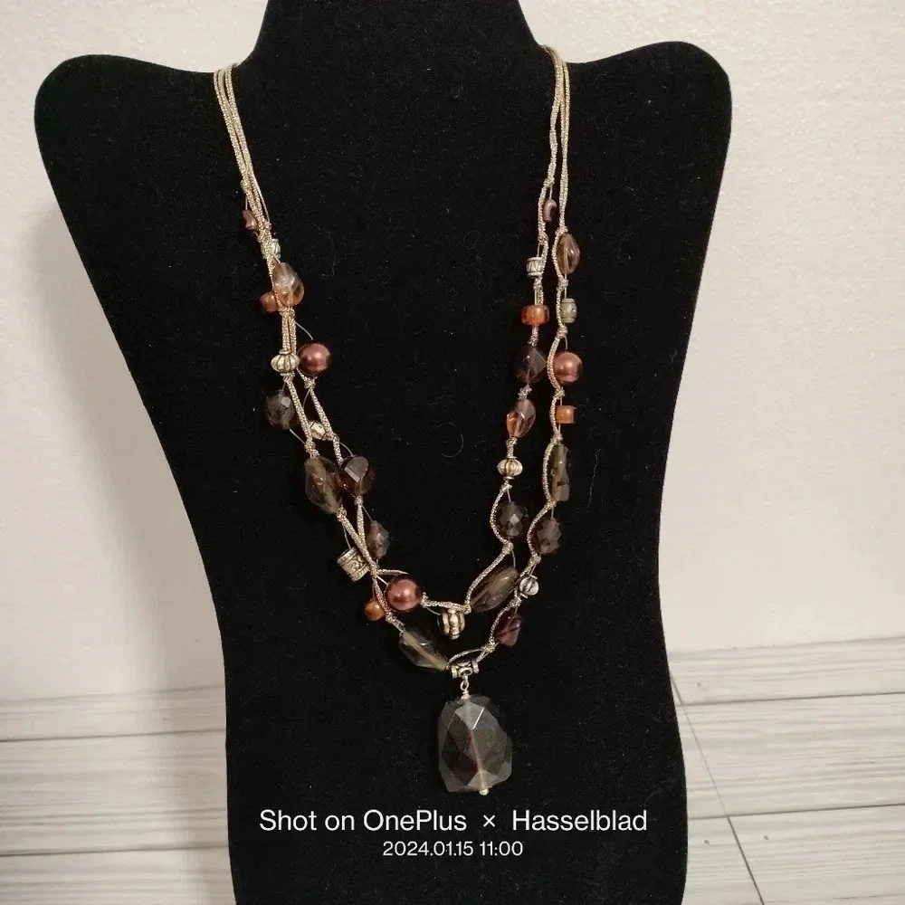 Antiqued Gold Tone Multi Strand Twisted Wire Glass Beaded Necklace